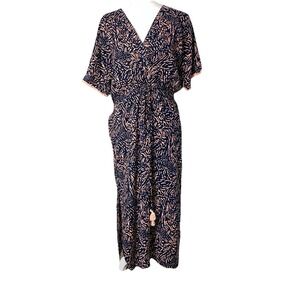 Beachgold Bali Navy Peach Abstract Print Rayon Maxi Dress Wrap V-Neck Tassel M